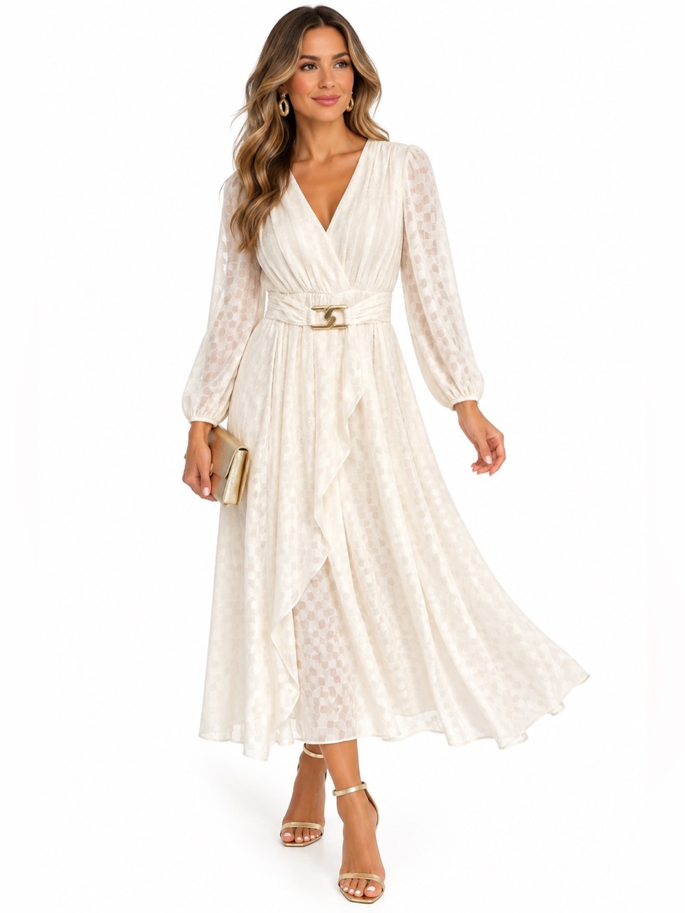 Shoshanna Ivory Textured Belted Long Sleeve Wrap Midi Dress Size 2